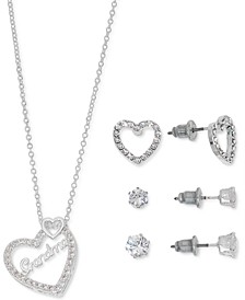 Cubic Zirconia Grandma Heart Pendant Necklace & 3-Pc. Stud Earrings Set in Silver Plate