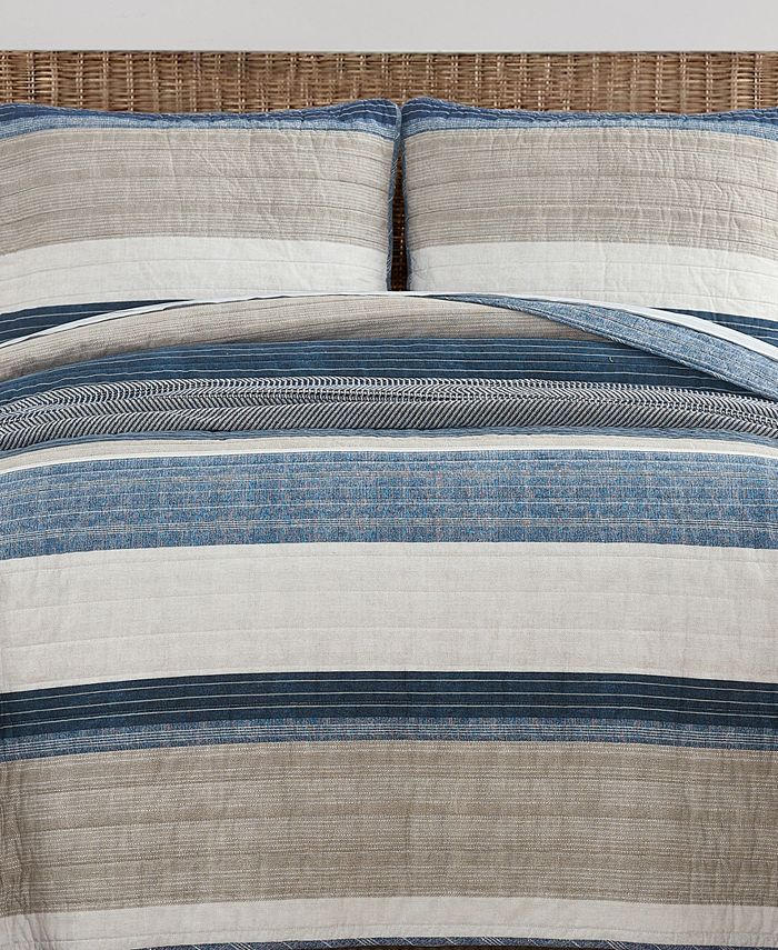 Nautica Ridgeport Blue Cotton Reversible 3 Piece Quilt Set, Full/Queen