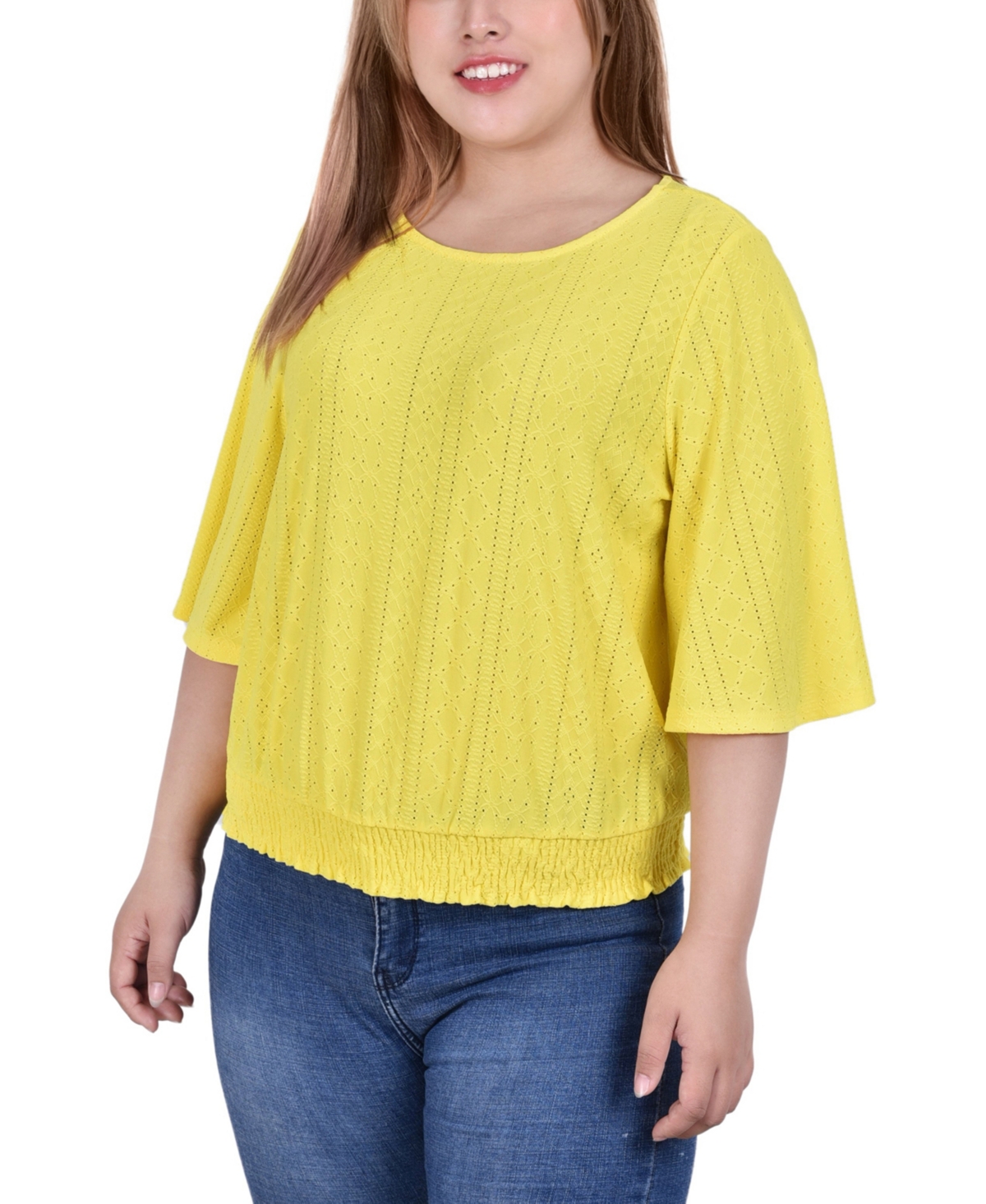 Plus Size Smocked Hem Knit Eyelet Top - Vibrant Yellow