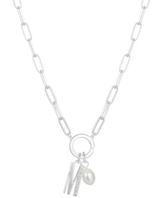 Photo 1 of UNWRITTEN Cubic Zirconia Initial & Freshwater Pearl 18" Pendant Necklace in Silver Plate
Freshwater pearl: 6mm
Set in fine silver plate or 14k gold flash-plated metal; cubic zirconia
Approx. length: 18"; approx. drop: 3/4"
Spring ring closure
