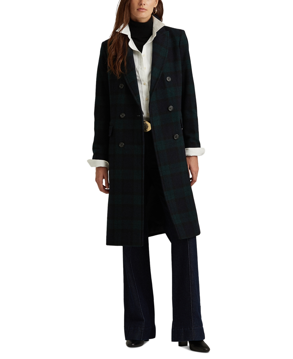 Shop Lauren Ralph Lauren Plaid Wool-blend Coat In Black Watch Plaid