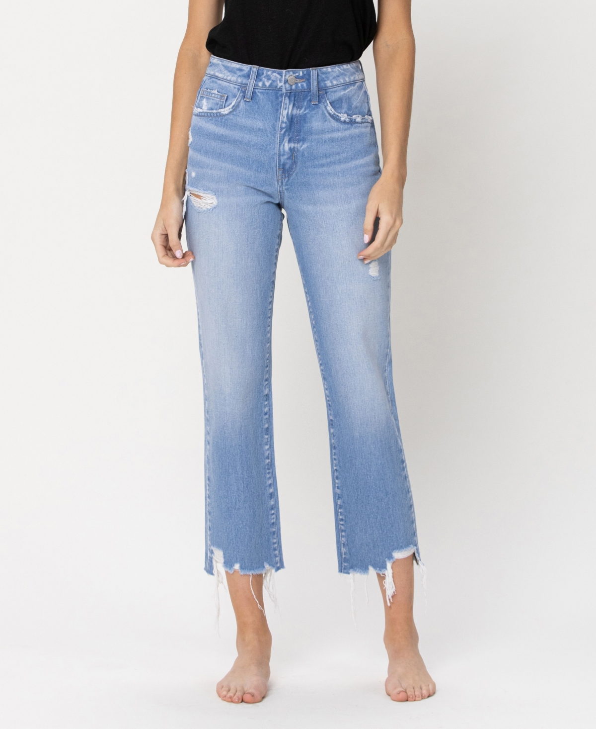 Flying Monkey Women's High Rise Vintage-Like Straight Crop Jeans with Distressed Hem