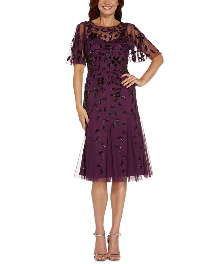 Embellished Flutter-Sleeve A-Line Dress