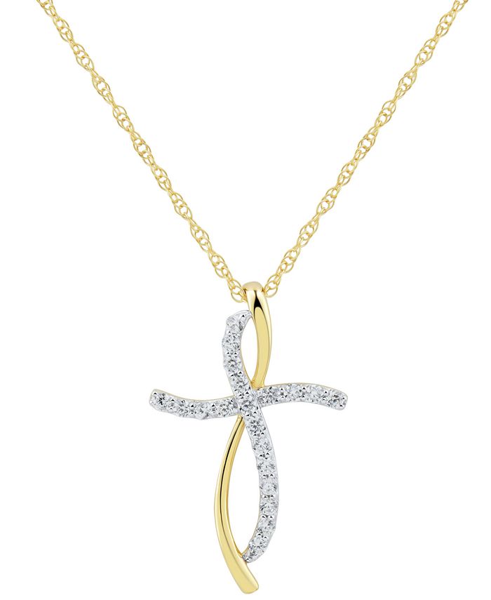 Macy's - Diamond Curved Cross Pendant Necklace (1/4 ct. t.w.) in 10k Gold, 16" + 2" extender
