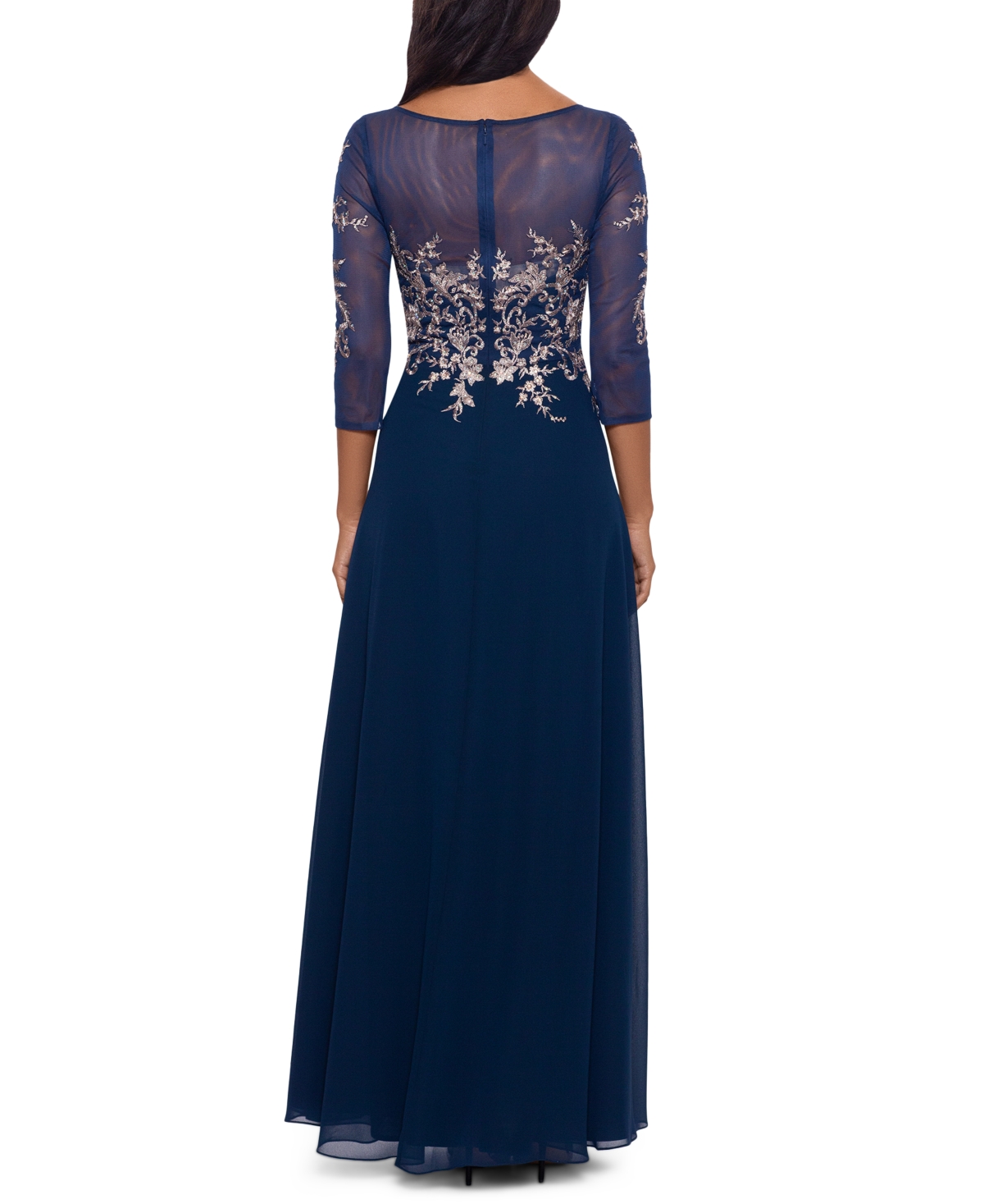 Betsy & Adam Petite Floral-embroidered Mesh Gown In Navy,rose