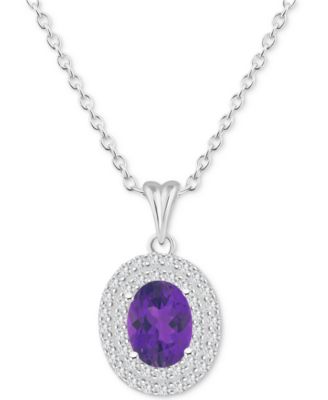 Rhodolite Garnet (1-1/2 ct. t.w.) & White Topaz (3/8 ct. t.w.) Oval Halo 18" Pendant Necklace in Sterling Silver (Also in Citrine, Peridot, Amethyst & Blue Topaz)