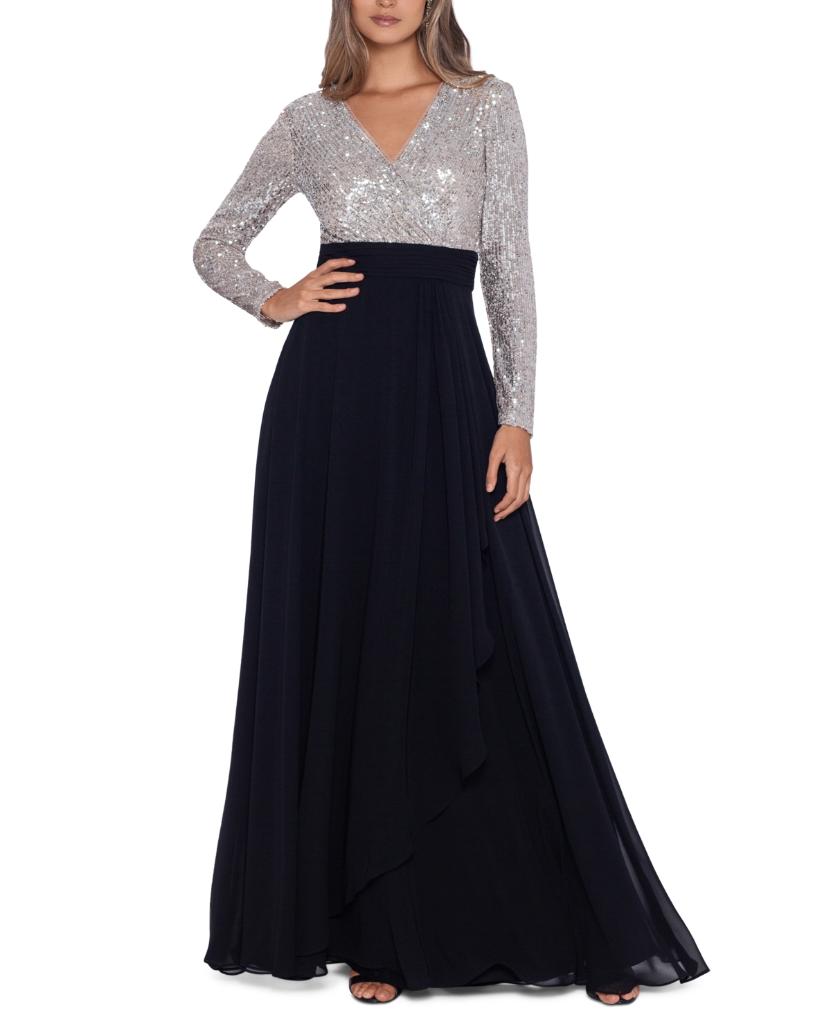 XSCAPE SEQUINED CHIFFON GOWN