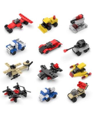 Fun Little Toys Military Vehicles and Race Car Building Brick Set of 402 Pieces, 3D Assembly Cars for Party Favors, Kids Prizes, 12 Boxes