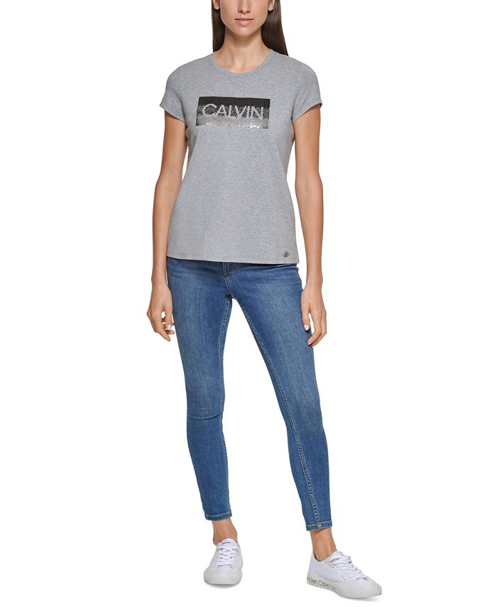Calvin Klein Ombre Sequin Logo Short Sleeve T-Shirt - Macy's