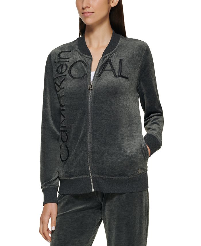 Calvin Klein Velour Zip-Front Sweatshirt With Faux Leather Logo Detail ...
