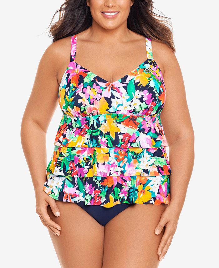 Swim Solutions Plus Size Triple Tier Tummy Control Fauxkini One Piece Swimsuit Reviews Swimsuits Cover Ups Plus Sizes Macy S