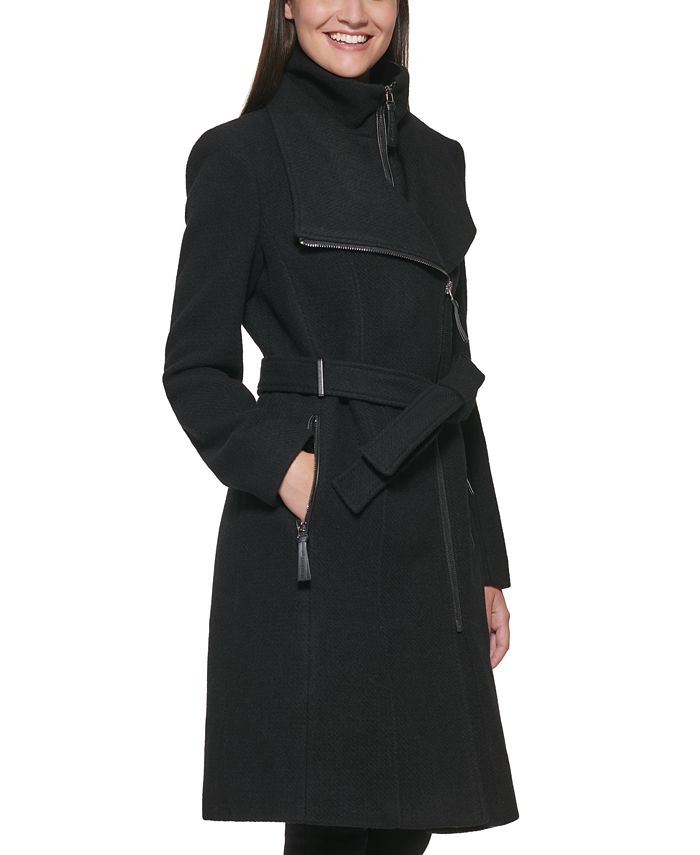 Calvin Klein Women's Faux-Leather Trim Belted Wrap Coat, Created for ...