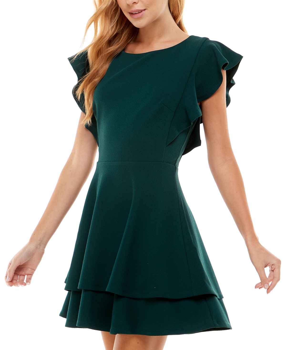 Crystal Doll Juniors' Ruffle-Sleeve Fit & Flare Dress