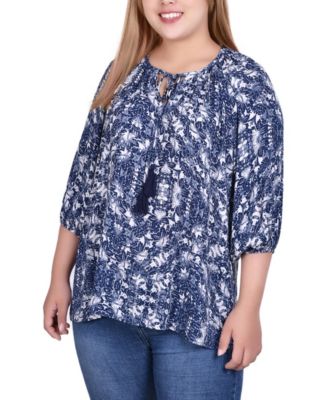 NY Collection Plus Size 3/4 Sleeve Peasant Top with Tie Neckline - Macy's