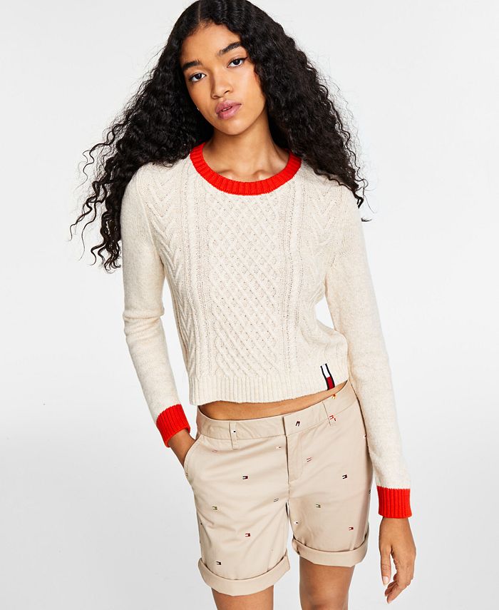 Cable-knit sweater with contrasting trim - Woman