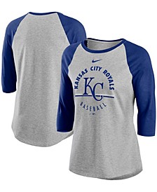 Women's Gray, Royal Kansas City Royals Encircled Tri-Blend 3/4-Sleeve Raglan T-shirt