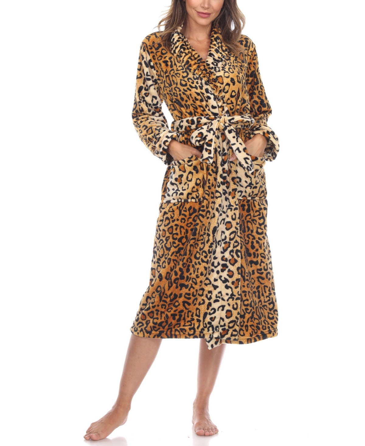 Shop White Mark Plus Size Cozy Loungewear Belted Robe In Brown Leopard