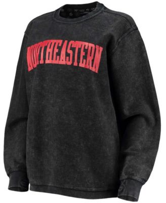 Women's Black Northeastern Huskies Comfy Cord Vintage-Like Wash Basic Arch Pullover Sweatshirt