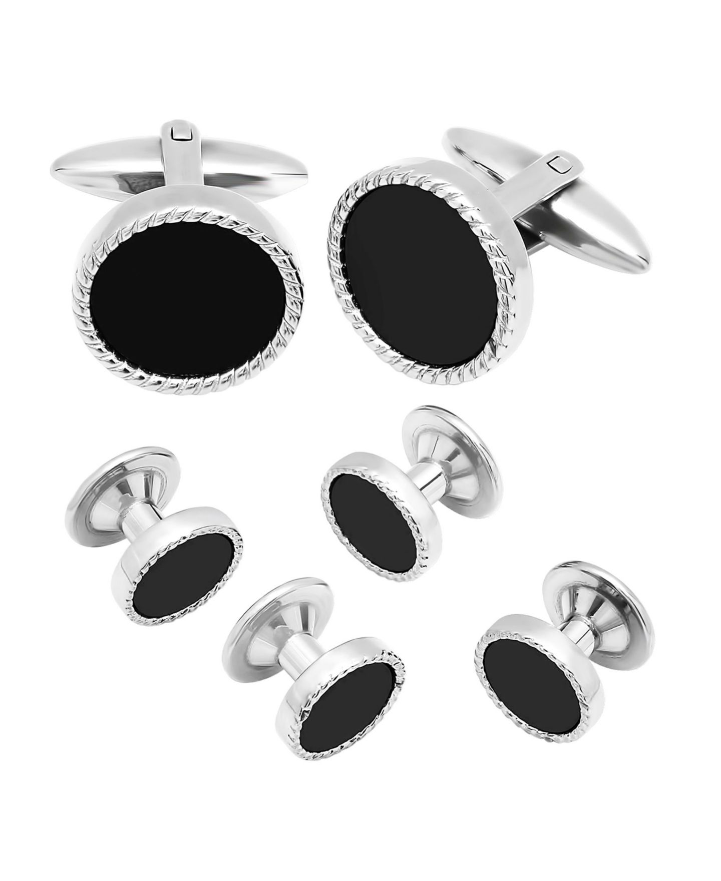 Мужские запонки C&C Jewelry Resin Tuxedo in Stainless Steel Stud and Cufflink Set - 3 Pieces, цвет: Чёрный — фото 3