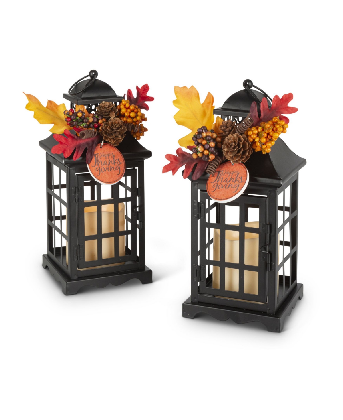 10.5" Lanterns with Battery Operated Led Candles and Floral Accents Set, 2 Pieces - Black
