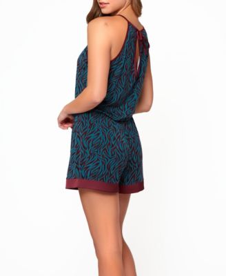 Women's Zebra Patterned Halter Romper with Lace Detail and Bow Accent