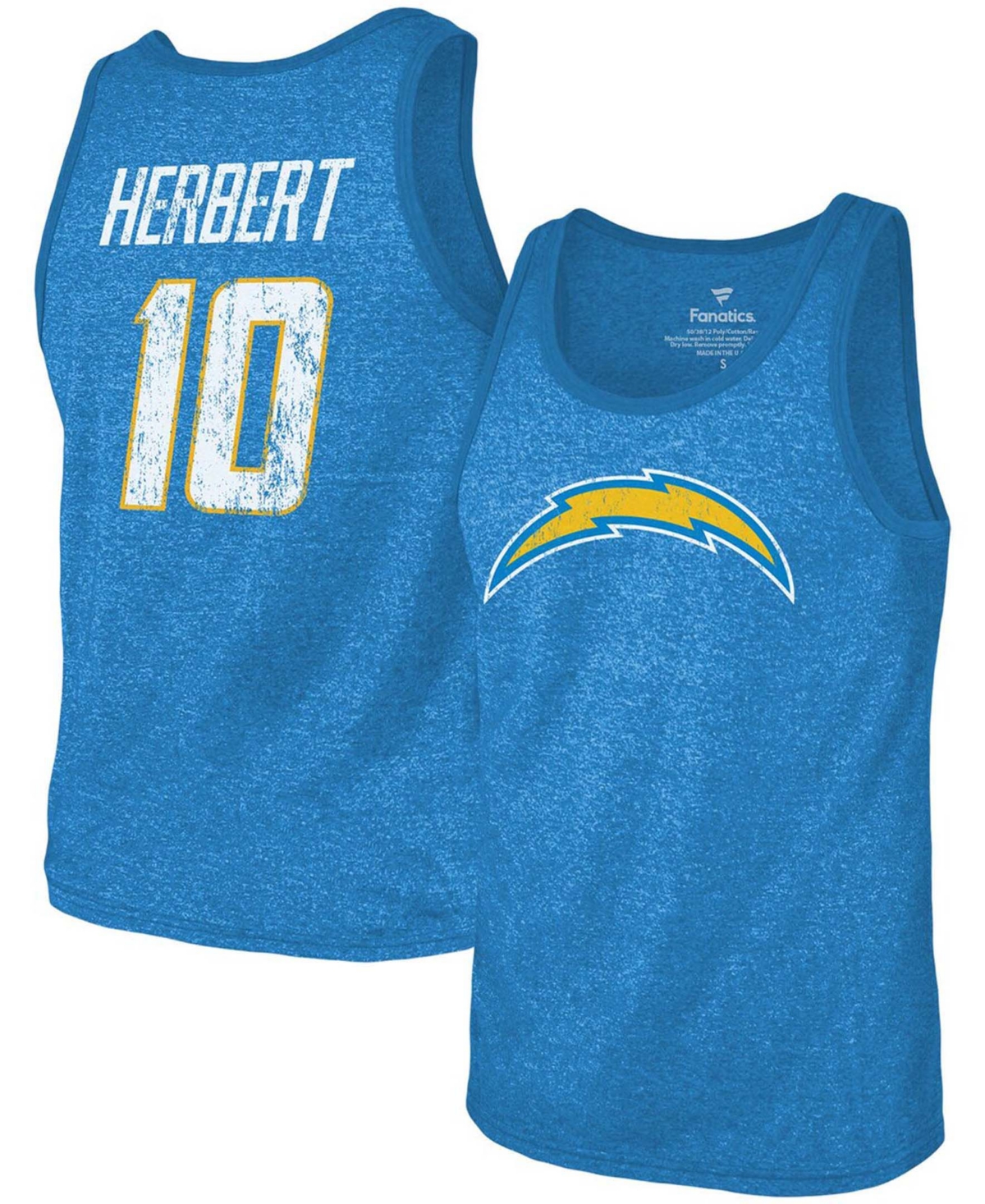 Fanatics Men's Justin Herbert Heathered Powder Blue Los Angeles Chargers Name Number Tri-blend Tank Top
