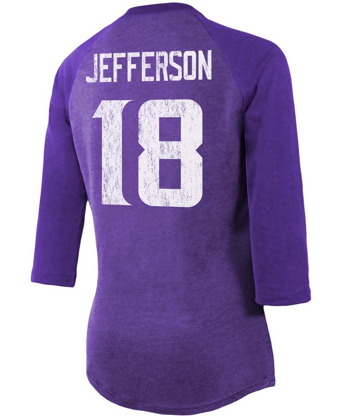 Women's Justin JeffersonMinnesota Vikings Team Player Name Number Tri-Blend Raglan 3/4 Sleeve T-shirt - Purple