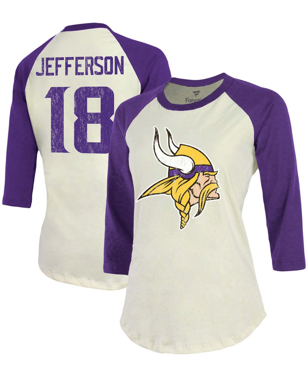 Fanatics Women's Justin Jefferson Cream, Purple Minnesota Vikings Player Raglan Name Number 3/4 Sleeve T-shir In Cream,purple