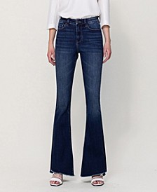 Women's High Rise Flare Jeans with Slit and Uneven Hem Detail