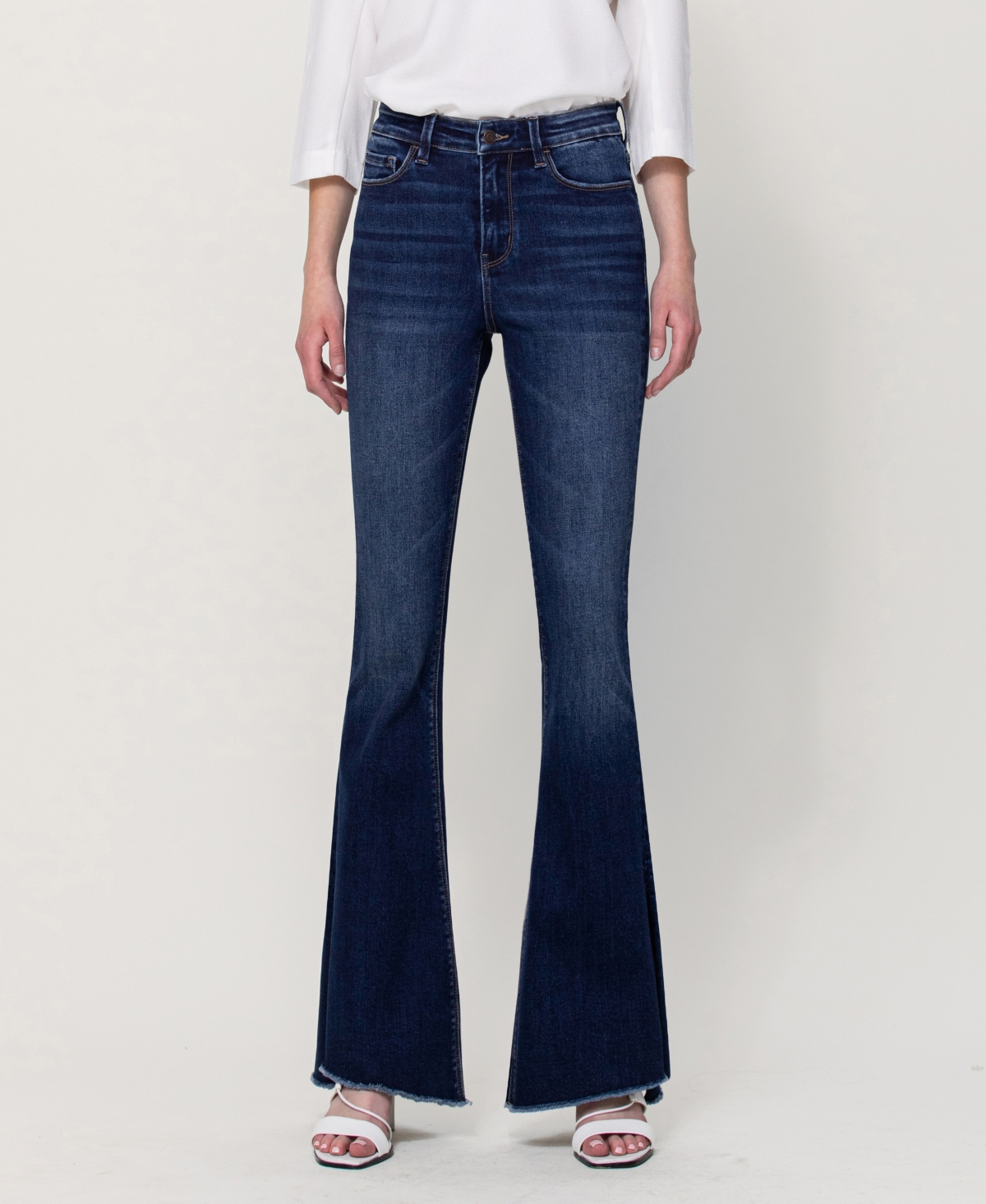  Women's High Rise Flare Jeans with Slit and Uneven Hem Detail