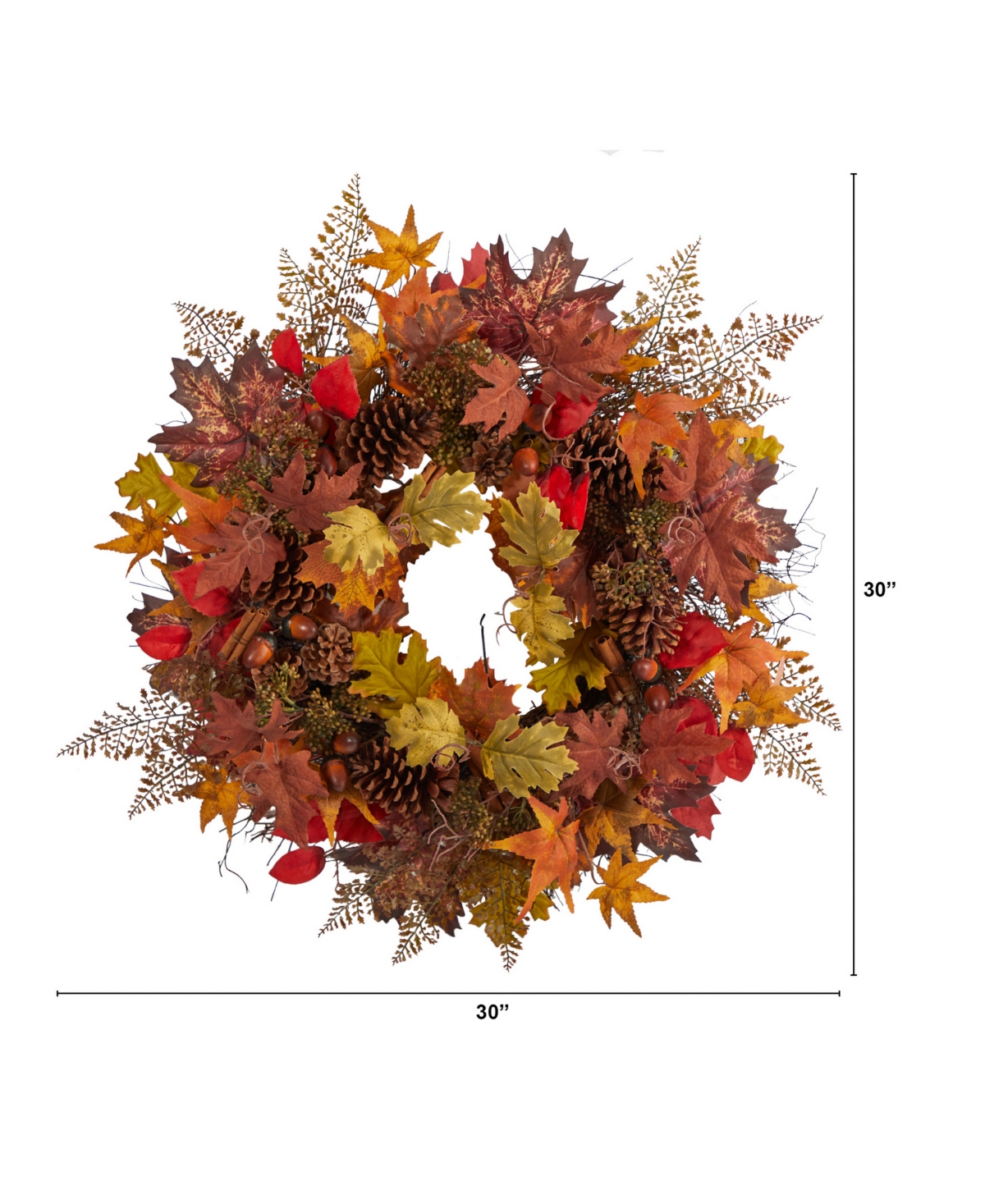 Nearly Natural 30" Autumn Maple Leaves, Acorn, Pinecones And Cinnamon Sticks Artificial Fall Wreath In Orange