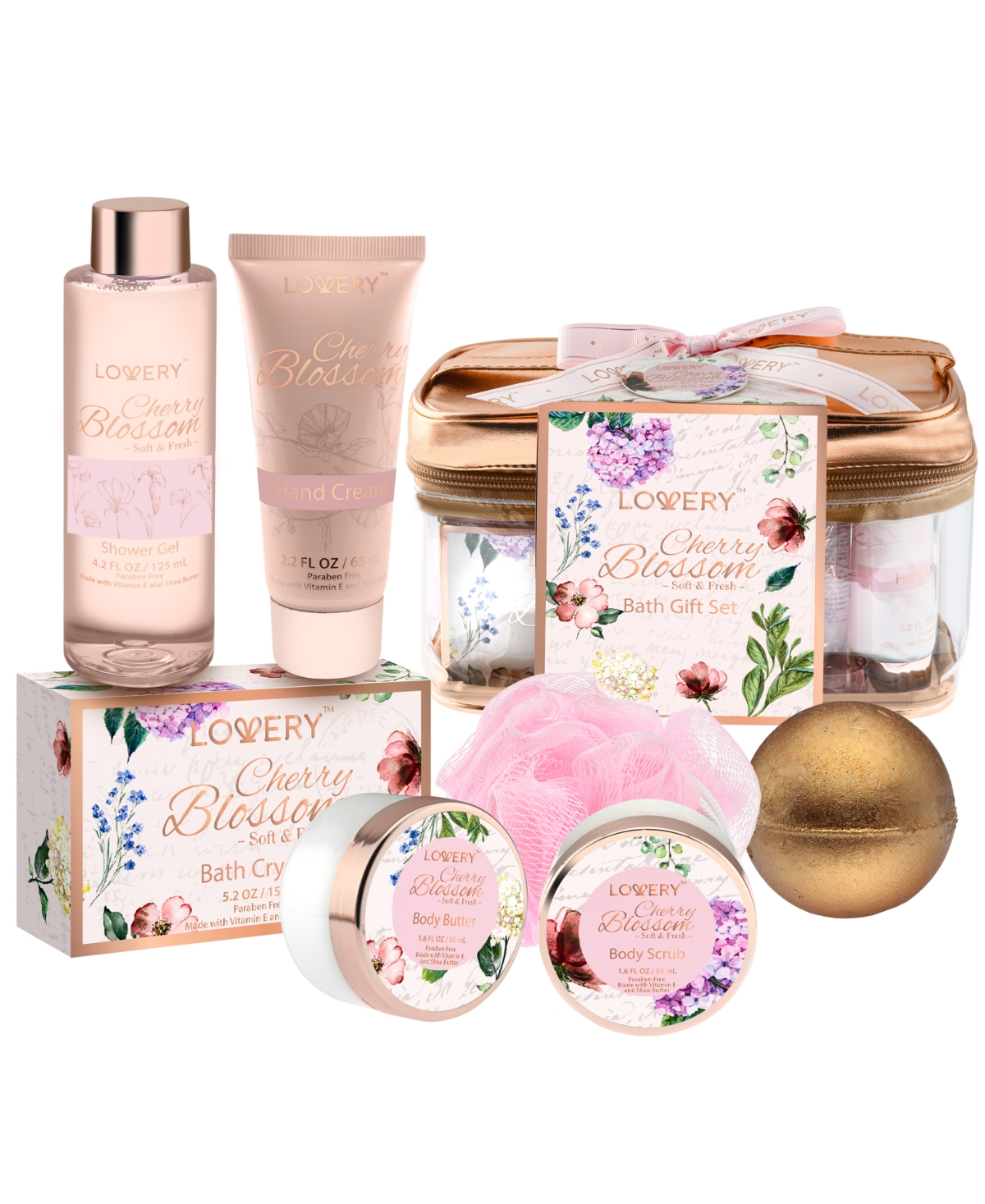 Lovery Cherry Blossom Home Spa Body Care with Cosmetic Bag Gift Set, 8 Piece