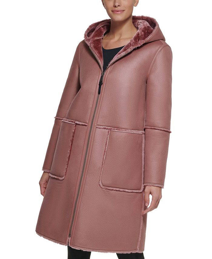 DKNY Hooded Faux-Shearling Coat - Macy's