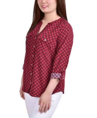 Women's 3/4 Roll Tab Sleeve Mandarin Collar Blouse