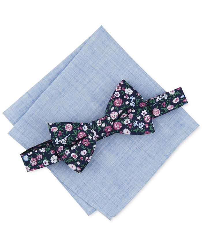 Bar III Men's Floral PreTied Bow Tie & Solid Pocket Square Set