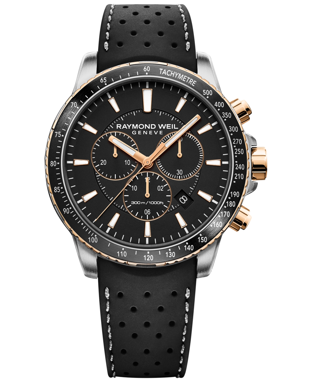 Raymond Weil Men's Swiss Chronograph Tango Black Perforated Rubber Strap Watch 43mm