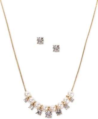 Charter Club - Gold-Tone Crystal Charm & Imitation Pearl Statement Necklace & Stud Earrings Set