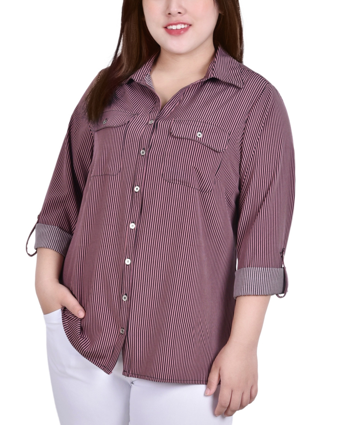 Plus Size 3/4 Sleeve Roll Tab Notch Collar Blouse - Spice Route Black Iconic