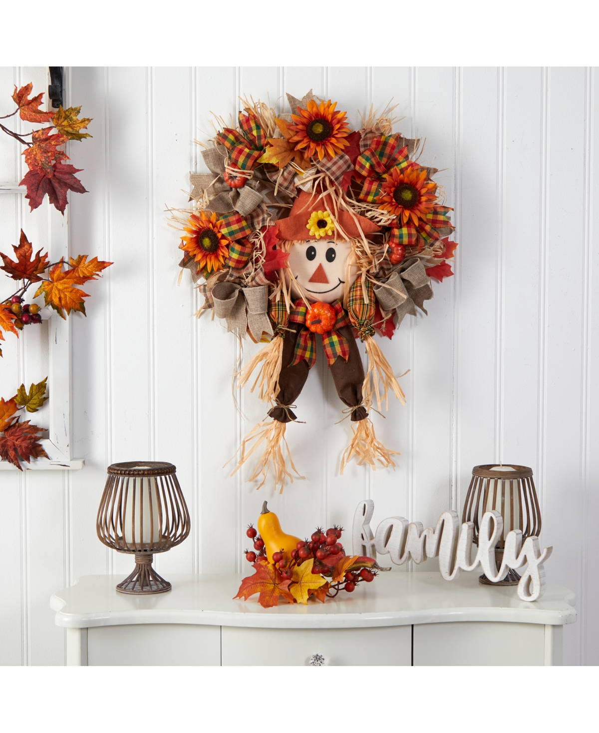 NEARLY NATURAL 30" SCARECROW FALL ARTIFICIAL AUTUMN WREATH WITH SUNFLOWER, PUMPKIN AND DECORATIVE BOWS 