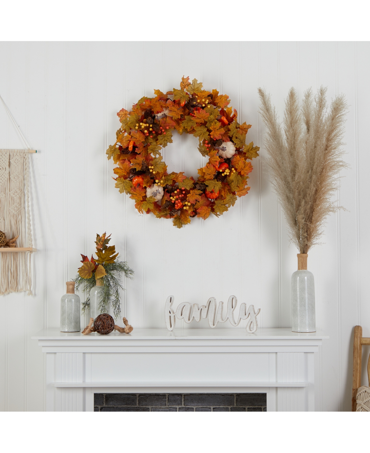 Nearly Natural 30" Autumn Pumpkin And Maple Leaf Artificial Fall Wreath In Orange