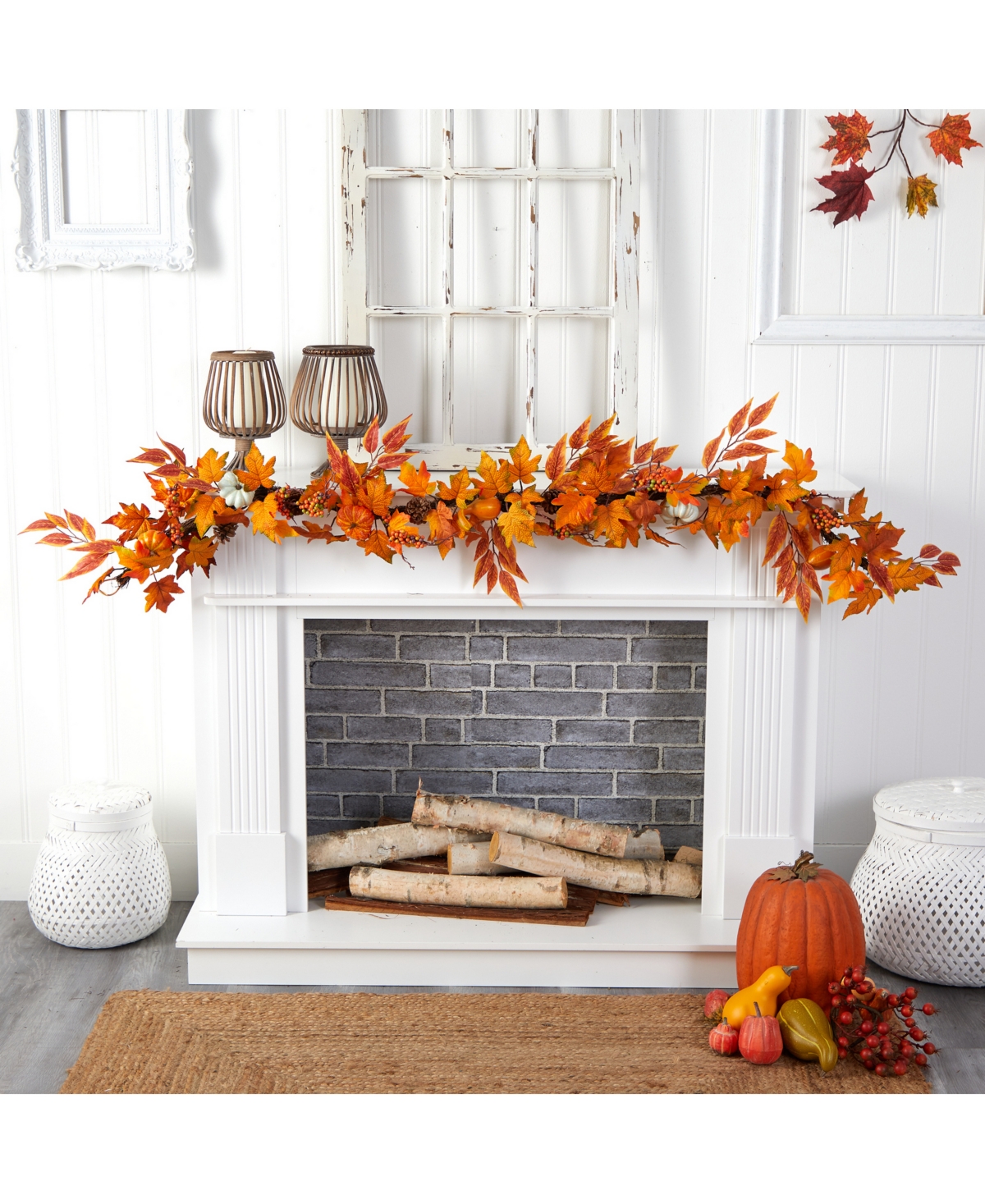 Shop Nearly Natural 6' Assorted Autumn Maple Leaves, Pumpkins, Gourds, Berries And Pinecone Artificial Fall Garland In Orange