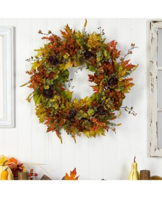 32" Fall Hydrangea, Ranunculus and Maple Leaf Autumn Artificial Wreath