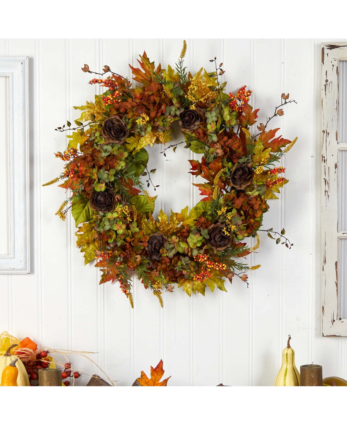 32" Fall Hydrangea, Ranunculus and Maple Leaf Autumn Artificial Wreath