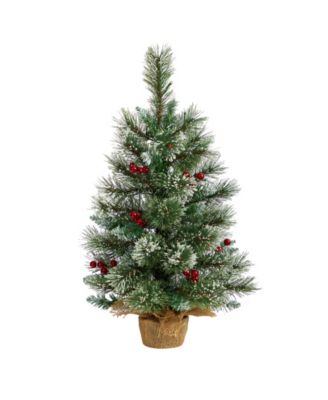 Snow Tipped Pine and Berry Artificial Christmas Tree with 35 Warm LED Lights in Burlap Base, 2'