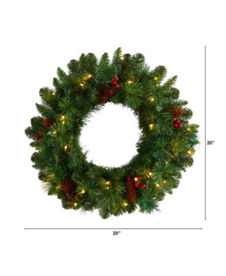 Frosted Pine Artificial Christmas Wreath with Pinecones, Berries and 35 Warm LED Lights, 20"