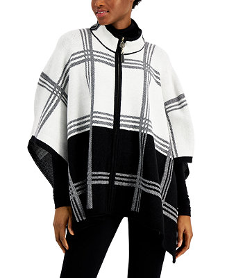 Anne Klein Plaid Zip-Front Poncho Sweater - Macy's