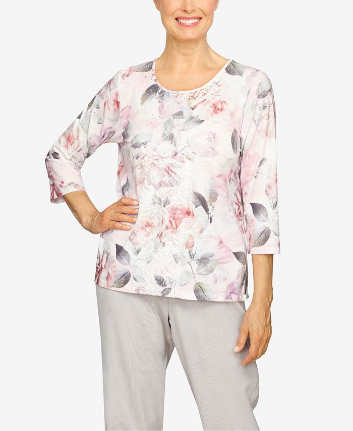 Alfred Dunner Petite Alpine Lodge Floral Lace Center Top - Macy's