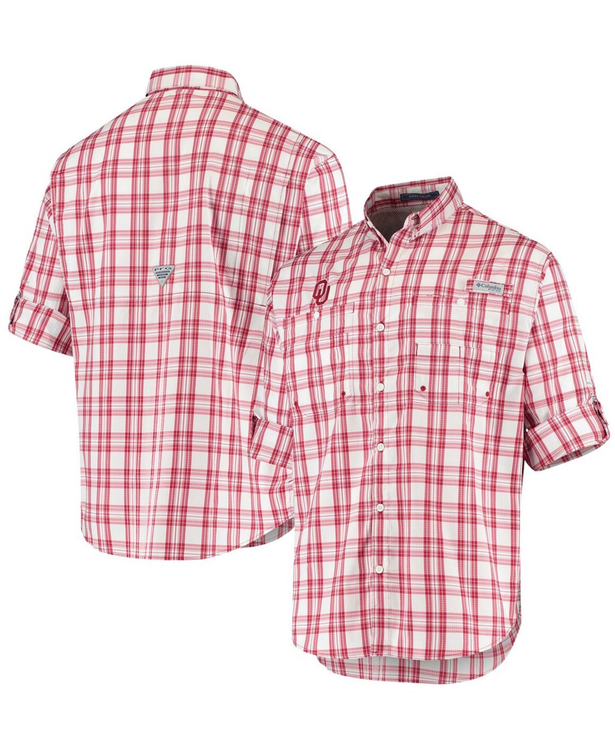 Men's Oklahoma Sooners Gingham Collegiate Super Tamiami Omni-Shade Shirt - Crimson