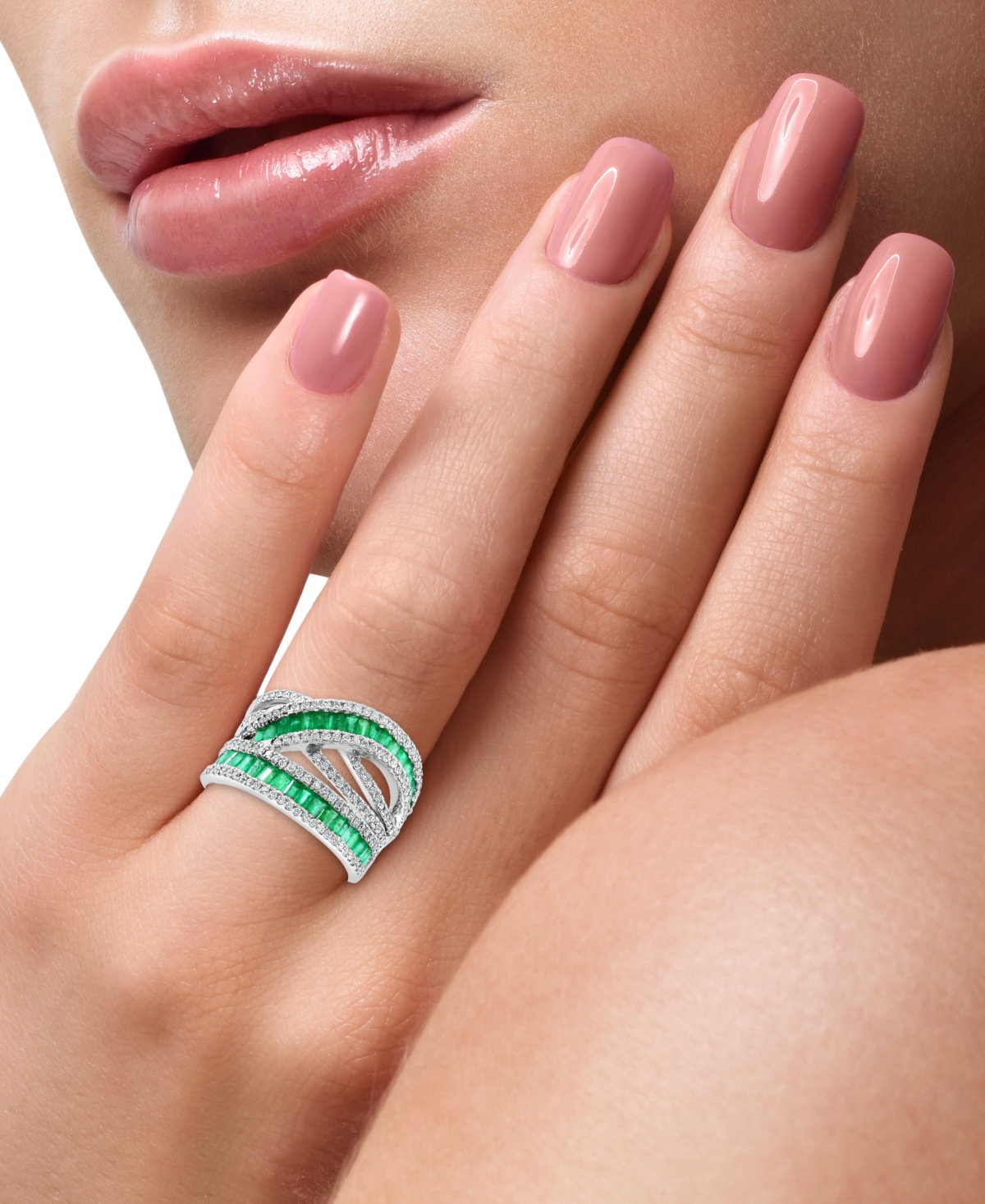 Shop Effy Collection Effy Emerald (1-7/8 Ct. T.w.) & Diamond (5/8 Ct. T.w.) Crossover Statement Ring In 14k White Gold