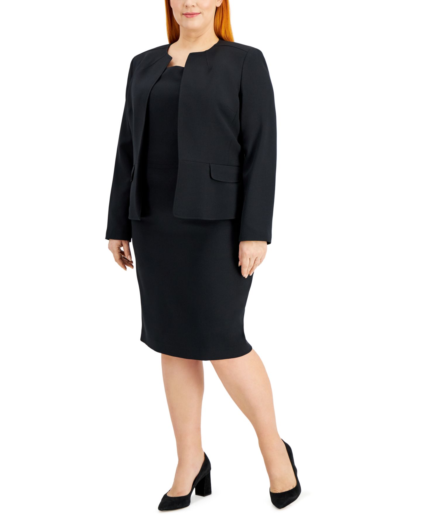 Женские платья Le Suit Plus Size Cardigan Jacket & Sheath 2 Piece Dress Suit, цвет: Чёрный — фото 1